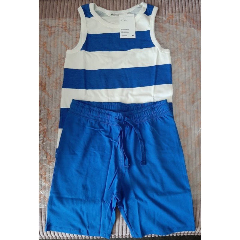 Jongensset: Jongens tanktop gestreept en short donkerblauw